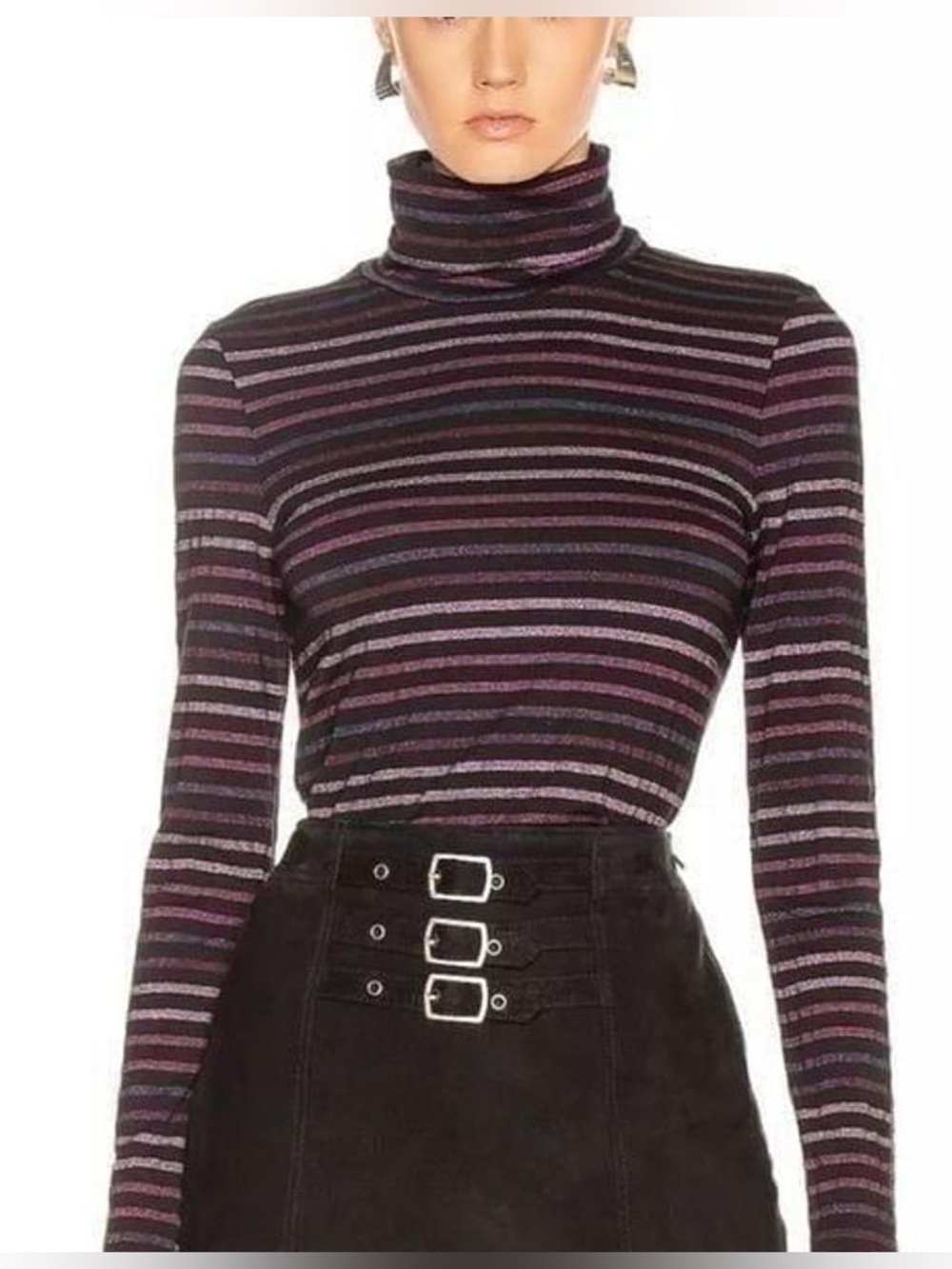 Veronica Beard Jeans Audrey Metallic Striped Purple Pink Black Turtleneck Size L